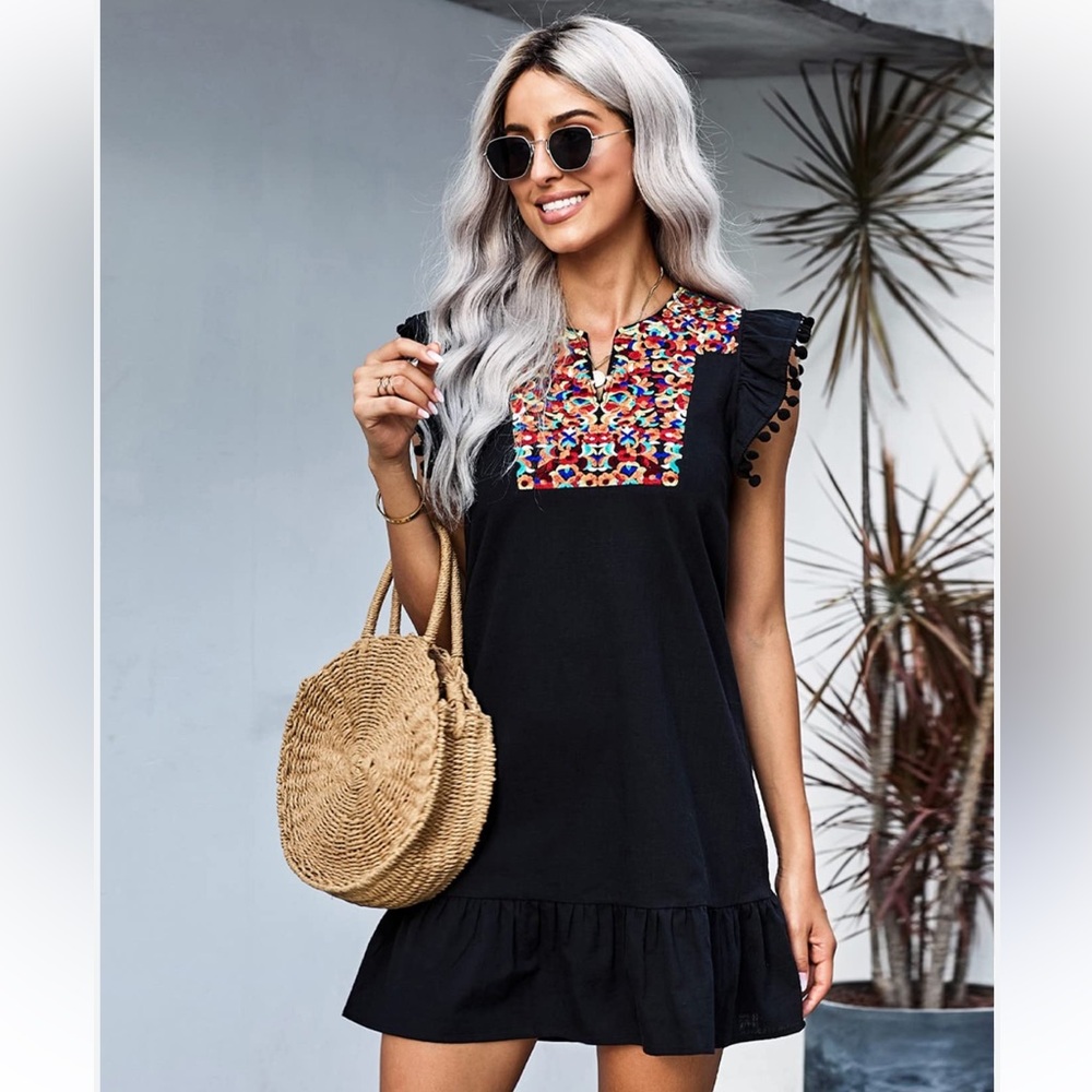 Elegant Black Dress with Colorful Embroidery.EUC
